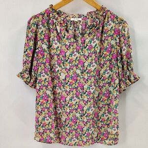 Pleione Blouse Small Fits Oversized Floral Print Smock Short Sleeve Pink Green